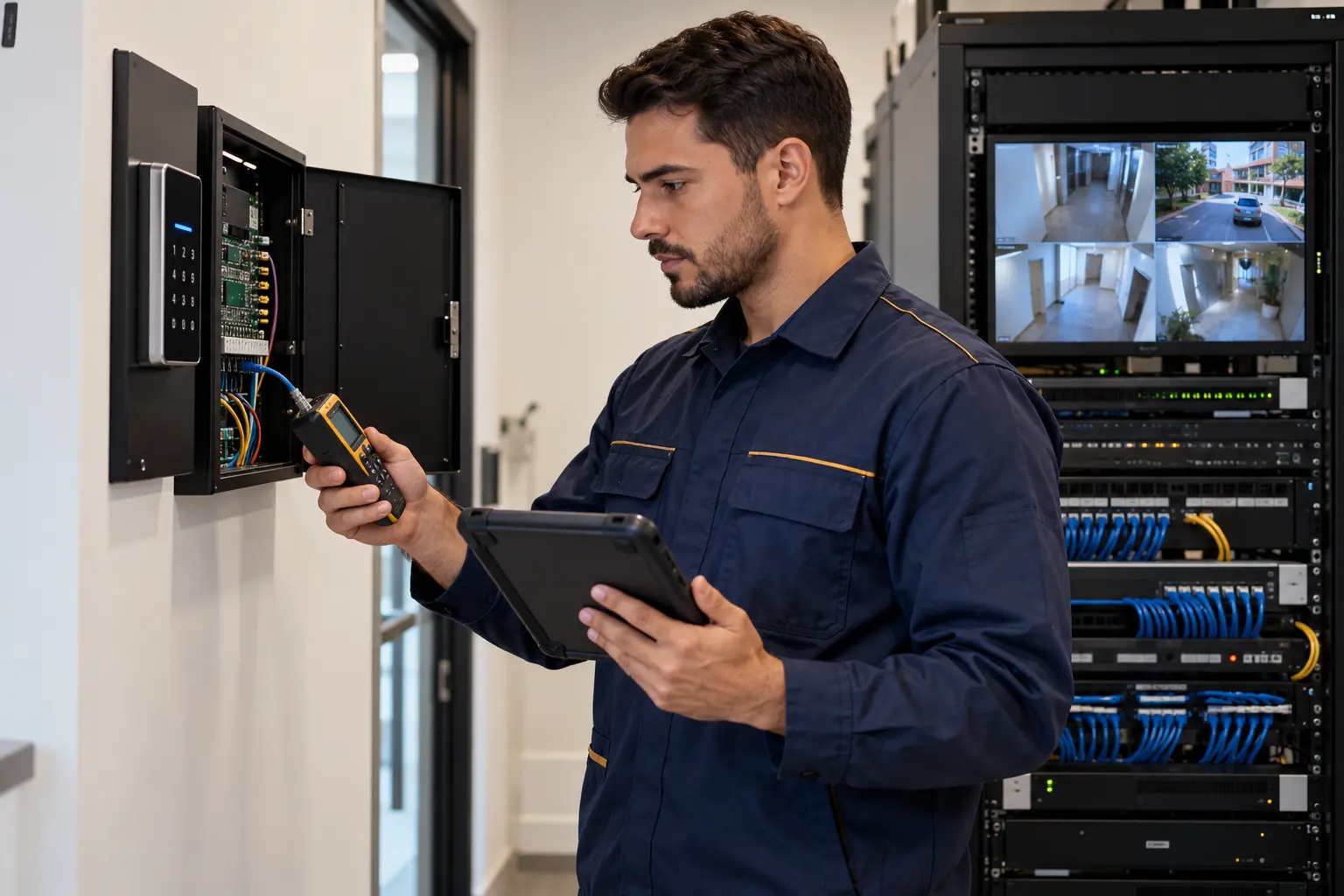 Técnico realizando inspeção preventiva em sistema de acesso e rede estruturada